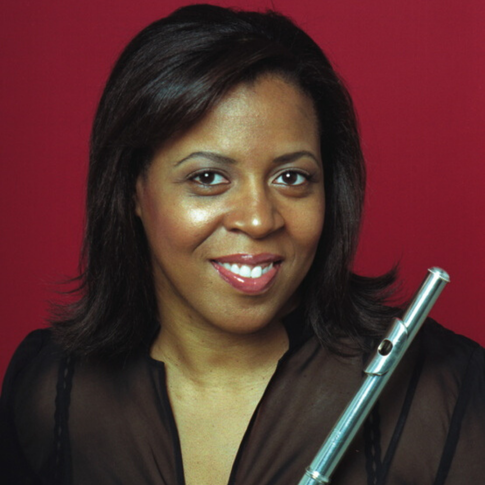 Woman with flute against red background